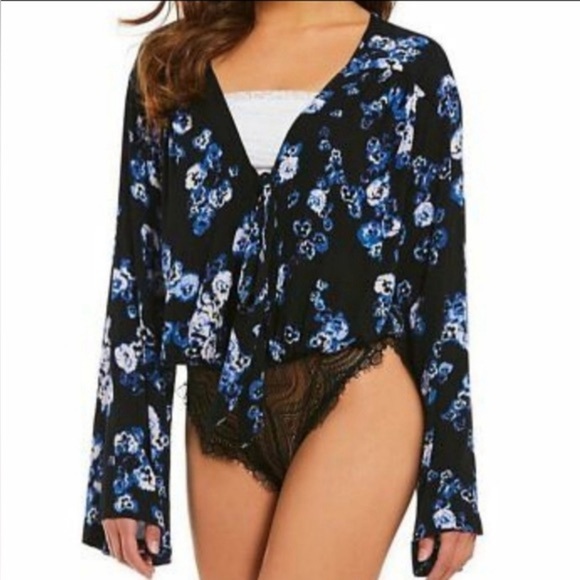 Free People Tops - Free People Black Blue Floral V-Neck Tie Long Sleeve Bodysuit‎ Womens, Small